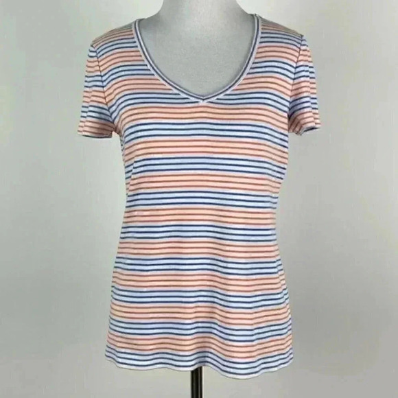 Talbots womens top size S orange blue white striped V-neck - Picture 2 of 8